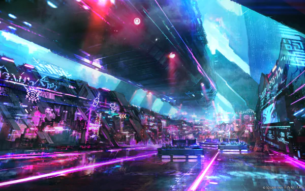 A vibrant HD desktop wallpaper for Final Fantasy XIV: Dawntrail, showcasing a stunning cyberpunk cityscape with neon lights reflecting on wet streets.