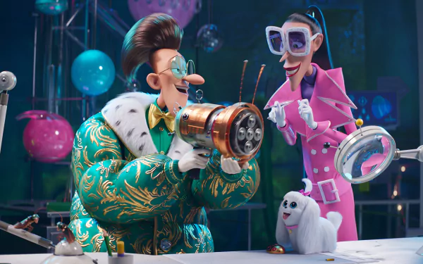 HD desktop wallpaper of Despicable Me 4 featuring two animated characters, one holding a device, and a small white dog in a laboratory-like setting.
