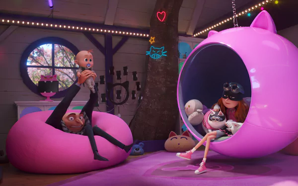 HD desktop wallpaper for Despicable Me 4 featuring characters in a cozy and colorful room. One character lounges in a pink beanbag holding a baby, while another sits in a pink cat-themed chair.