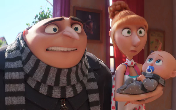 HD desktop wallpaper of a scene from Despicable Me 4 showing Gru with a worried expression, while another character beside him holds a baby with a pacifier.