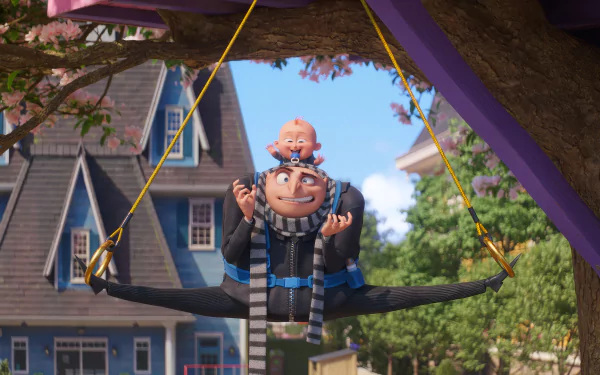 HD wallpaper features Gru from Despicable Me 4, smiling with a baby on his head, hanging from tree branches in front of houses.