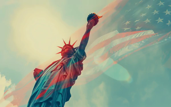 HD desktop wallpaper featuring the Statue of Liberty with an overlay of the American flag, evoking the spirit of the 4th of July holiday.