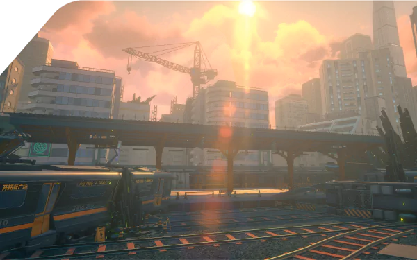 HD desktop wallpaper of Zenless Zone Zero features a colorful sunset over an urban landscape with a train, railway tracks, and a crane against the skyline.