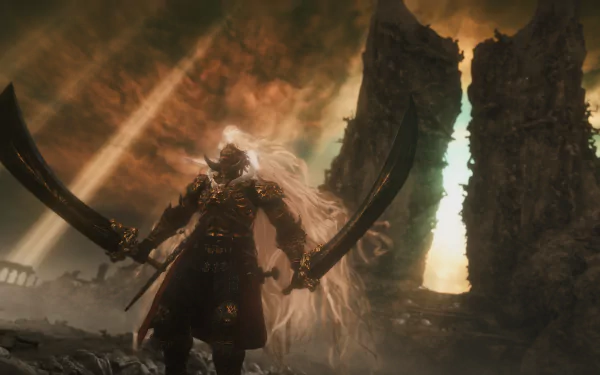 HD desktop wallpaper featuring Starscourge Radahn from Elden Ring Shadow of the Erdtree in front of a dramatic, crumbling landscape under a stormy sky.