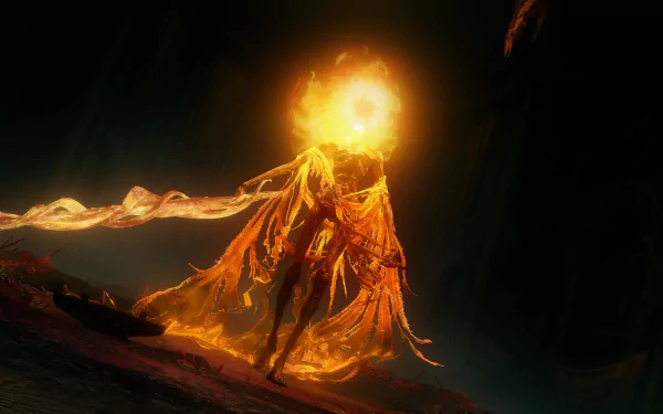 HD desktop wallpaper featuring Midra, Lord of Frenzied Flame from the game Elden Ring, Shadow of the Erdtree, engulfed in fiery energy against a dark backdrop.