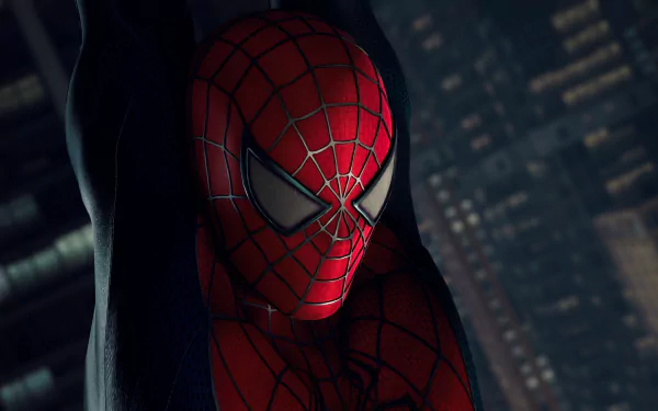 HD PC desktop wallpaper featuring a close-up of Spider-Man in his iconic red and black suit against a blurred cityscape background at night.