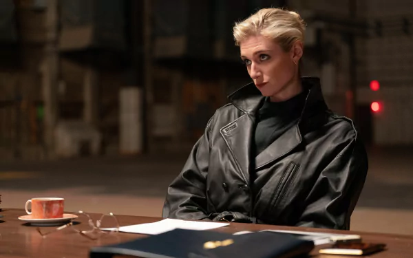 Elizabeth Debicki in the movie Maxxxine, wearing a black leather jacket and sitting at a table with a cup and papers. This HD desktop wallpaper captures a serious and contemplative moment.