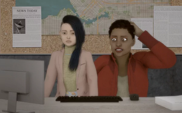 Two characters from the TV show Psi Cops are seen working at a desk with a computer. The scene serves as a high-definition desktop wallpaper and background.