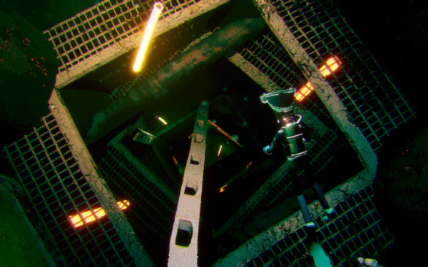 HD desktop wallpaper featuring a scene from the video game Murky Divers with an underwater grid structure illuminated by neon lights.