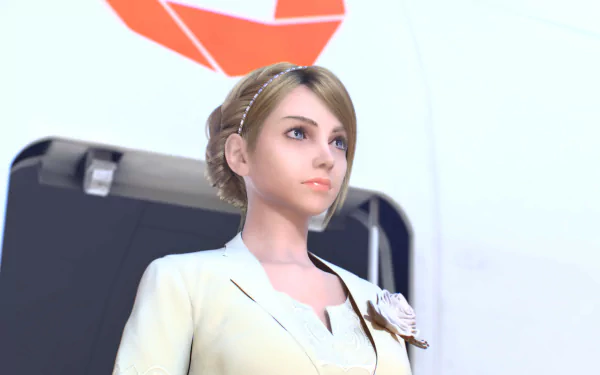 HD desktop wallpaper of a character from the video game Ace Combat 7: Skies Unknown, featuring a blonde woman in formal attire standing in front of an aircraft door with a logo in the background.