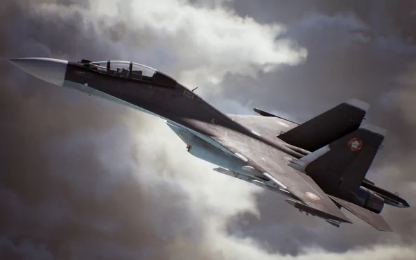 HD desktop wallpaper of Ace Combat 7: Skies Unknown featuring a jet fighter soaring through a dramatic, cloudy sky.
