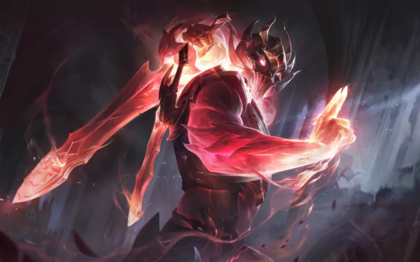 HD desktop wallpaper and background featuring Shen from League of Legends, showcasing him in an intense, dynamic pose with glowing blades and a dark, atmospheric backdrop.
