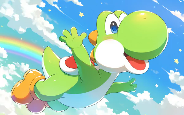 Anime image of Yoshi flying in a sky filled with clouds, stars, and a rainbow. This HD desktop wallpaper and background presents Yoshi with a joyful expression against a vibrant, colorful backdrop.