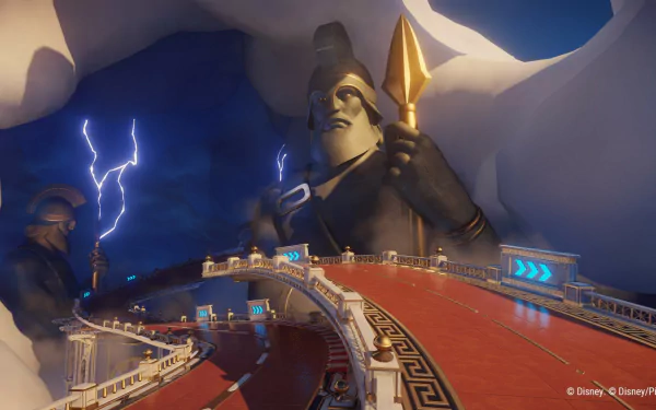 HD desktop wallpaper and background from the video game Disney Speedstorm, featuring a dynamic racetrack set amidst towering statues and dramatic lightning. © Disney.