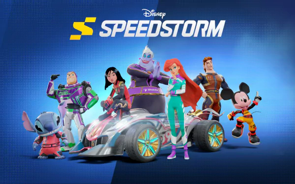 HD desktop wallpaper featuring characters from the video game Disney Speedstorm, including Buzz Lightyear, Mulan, Ursula, Ariel, Hercules, Stitch, Mickey Mouse, and others, standing around a futuristic car.
