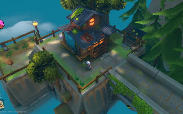 HD desktop wallpaper of the video game DROS, featuring a quaint house on a floating island surrounded by lush greenery and an adventurous character exploring the area.