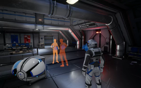 HD desktop wallpaper and background from the video game Deliver Us The Moon featuring an astronaut in a futuristic space station with holographic figures.