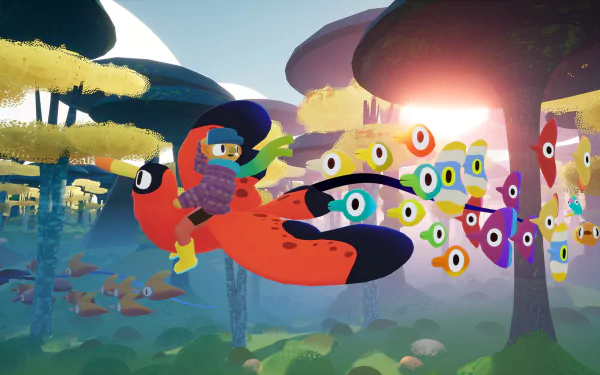 HD desktop wallpaper featuring vibrant artwork from the video game Flock, showing a character riding a large, colorful bird through a whimsical forest with a flock of smaller birds in the background.