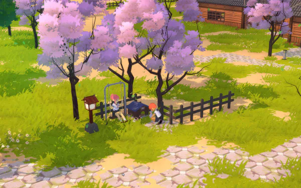 HD desktop wallpaper of Let's School video game, featuring two characters sitting under cherry blossom trees in a serene park with cobblestone paths and wooden buildings in the background.