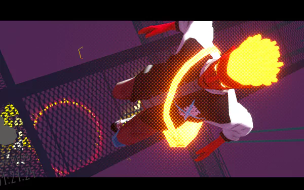 HD desktop wallpaper of Aerial_Knight's Never Yield video game, featuring a brightly-lit character in dynamic motion against a dark, futuristic background.
