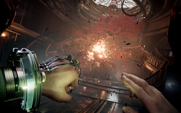 HD desktop wallpaper of the video game Nobody Wants to Die, featuring a futuristic fist and hand in the foreground, with an explosion occurring in an ornate room with a twisted tree.