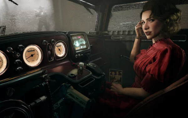 HD desktop wallpaper and background from the video game Nobody Wants to Die, depicting a woman in a red dress sitting in a vintage car's cockpit, holding a photo, with a foggy background outside.