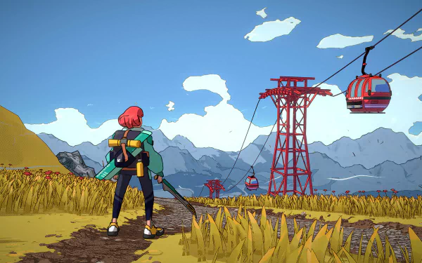 An HD desktop wallpaper featuring a scene from the video game Dungeons of Hinterberg, showcasing a character with red hair standing in a field, with mountains and a cable car in the background.