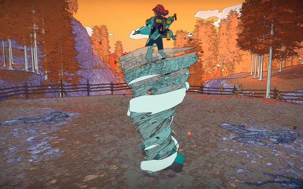 HD desktop wallpaper of the video game Dungeons of Hinterberg, featuring a character standing atop a swirling stone column in a vibrant autumn forest setting.