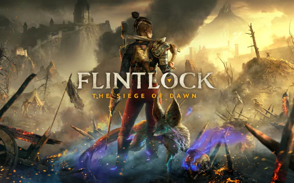 HD desktop wallpaper and background featuring the video game Flintlock: The Siege of Dawn, showcasing a character standing amidst a dramatic, war-torn landscape.