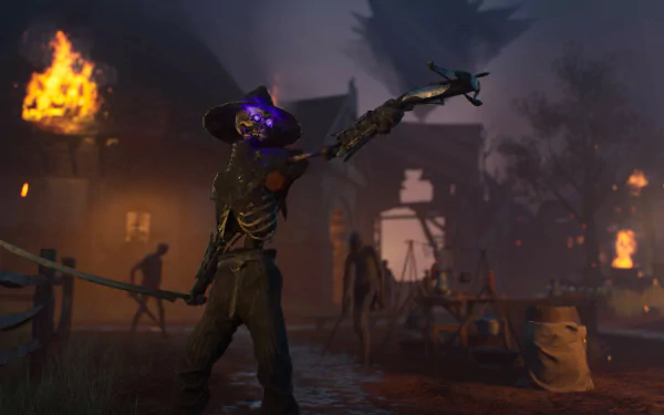 HD desktop wallpaper featuring a dramatic scene from the video game Flintlock: The Siege of Dawn, showcasing a skeletal warrior standing amidst burning buildings and a dark, intense atmosphere.