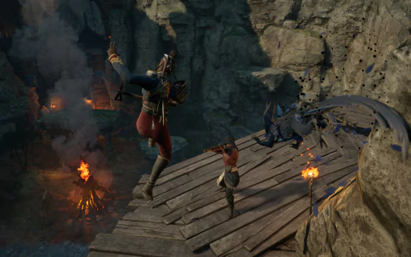 HD wallpaper of Flintlock: The Siege of Dawn, showing an intense battle scene on a cliff with a warrior leaping into action amidst flames and rocky terrain.