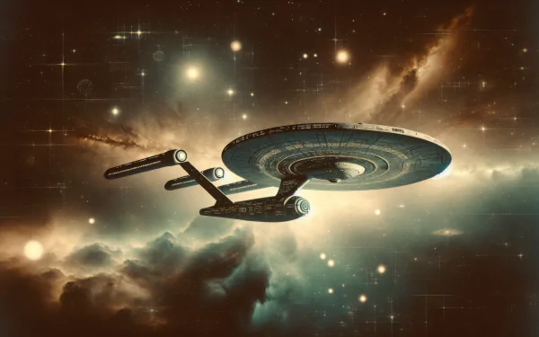 HD desktop wallpaper featuring the Starship Enterprise from Star Trek, soaring through a vivid cosmic background filled with stars and nebulae.