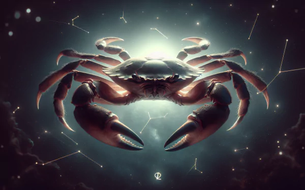 HD desktop wallpaper featuring a detailed crab with the Cancer astrological sign, set against a starry background with constellations.