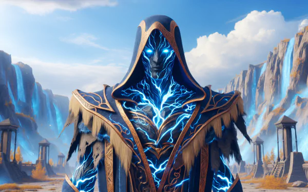 HD desktop wallpaper featuring a mystical figure with glowing blue eyes and lightning patterns, set against a breathtaking mountainous background with ancient pillars.
