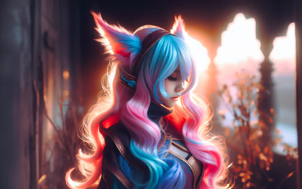 A high-definition desktop wallpaper featuring a character with vibrant blue and pink hair, adorned with fox-like ears, set against a warm sunset background.