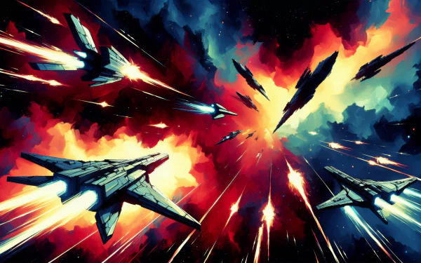 HD desktop wallpaper depicting an intense spaceship battle in space, with vivid explosions and dynamic spacecrafts in action.