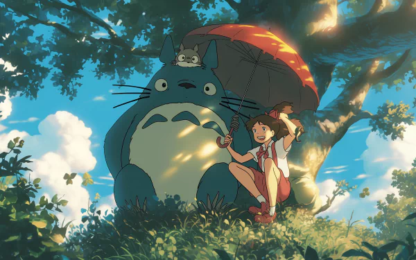 HD wallpaper featuring Totoro from Studio Ghibli's My Neighbor Totoro. The character stands beside a young girl holding a red umbrella, set against a lush, sunny backdrop.