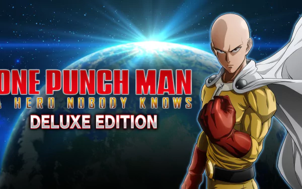 HD desktop wallpaper and background featuring Saitama from the video game One Punch Man: A Hero Nobody Knows Deluxe Edition, with the Earth and a radiant burst of light in the backdrop.
