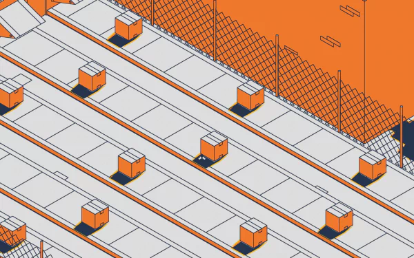 HD desktop wallpaper featuring a minimalist isometric illustration from the video game SCHiM, showcasing an orange and white urban environment with geometric patterns and shadows.