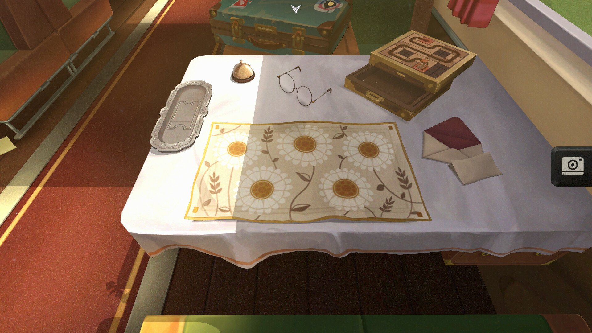 A cozy tabletop scene from the video game The Star Named EOS, featuring a floral-patterned tablecloth, glasses, and a decorative box, designed as an HD desktop wallpaper.
