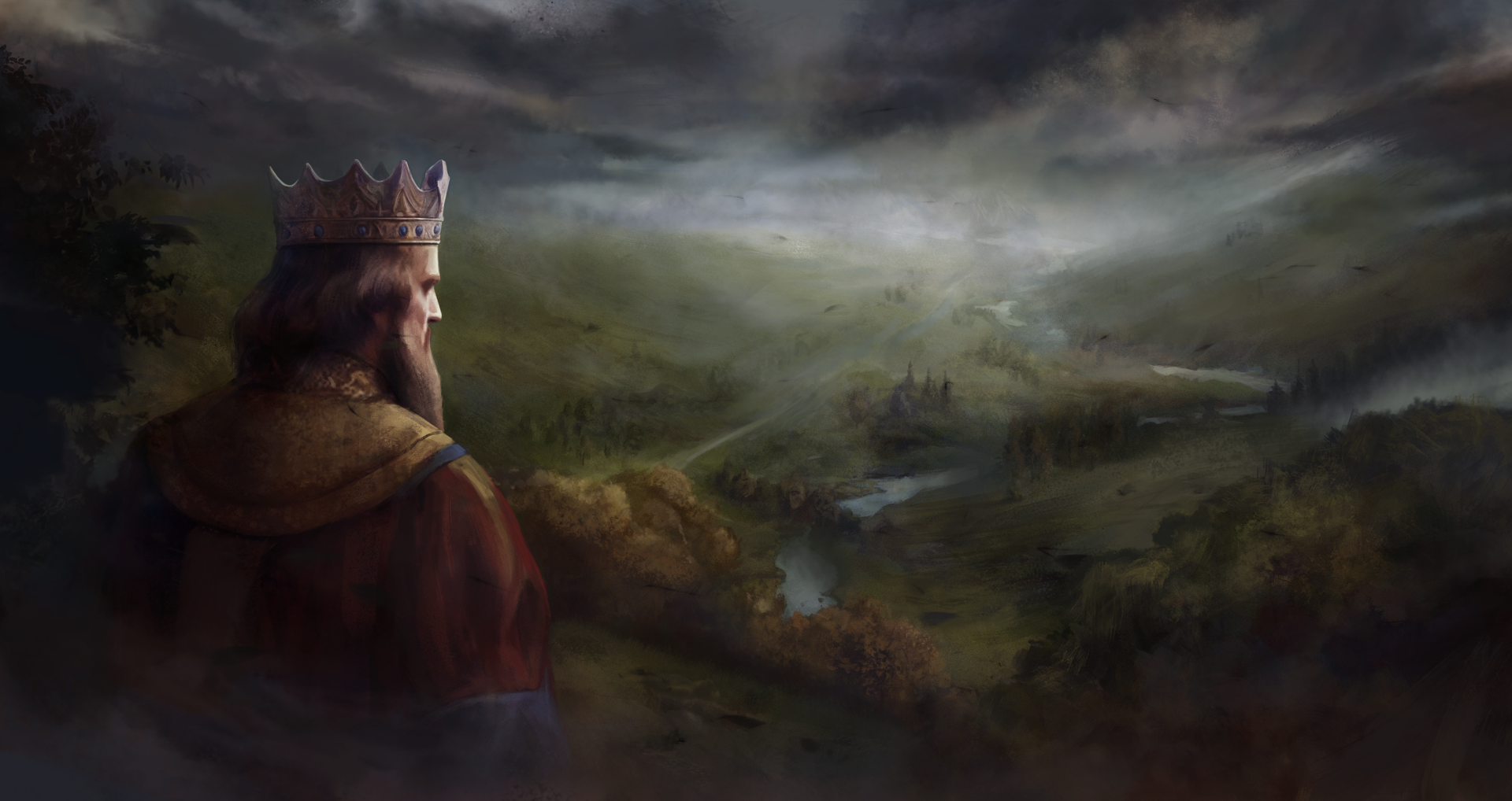 A majestic king gazes over a vast, foggy landscape in this HD desktop wallpaper, inspired by the video game Norland's rich and immersive world.