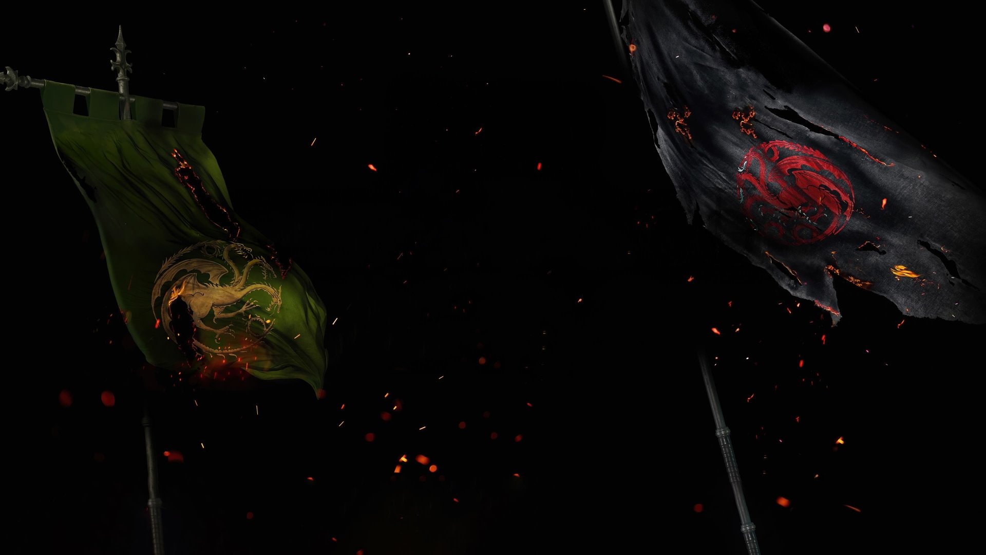 4K Ultra HD House of the Dragon wallpaper showing two dark flags with dragon sigils against a black background with glowing embers floating around.