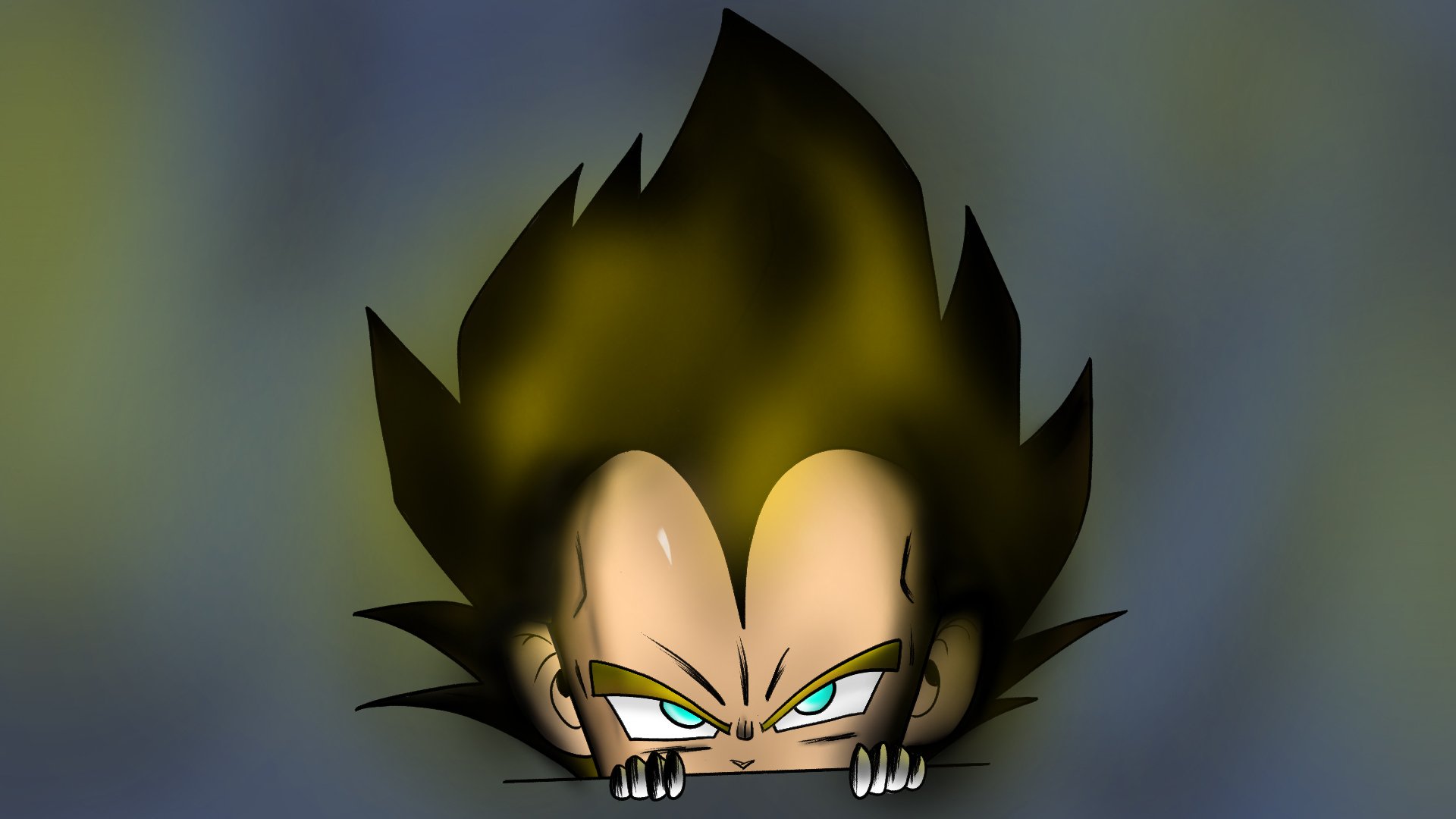 HD anime illustration of a Dragon Ball character with spiky black hair and intense blue eyes, designed as a PC desktop wallpaper and background.