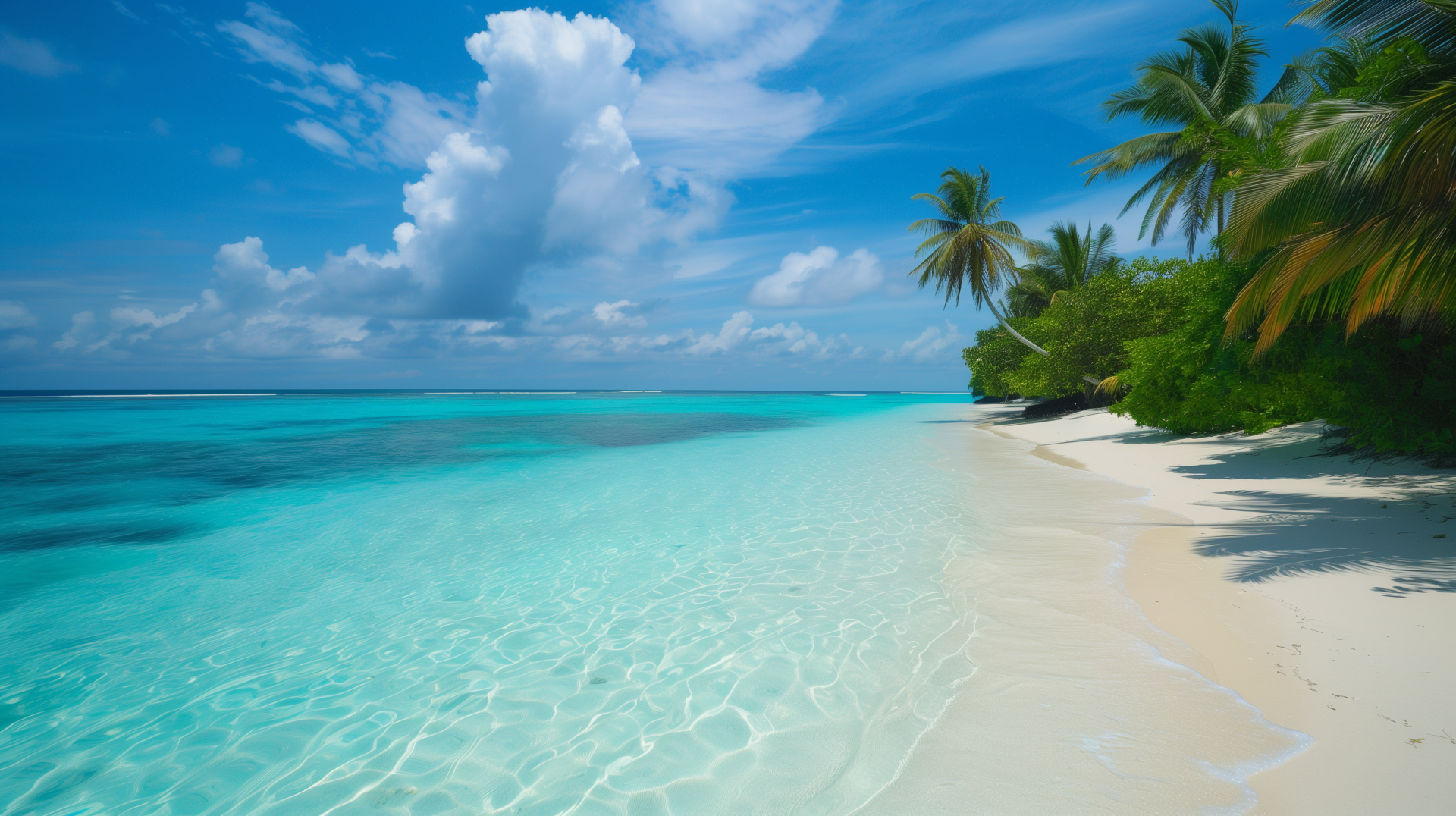 A stunning beach scene featuring a sandy shore, crystal-clear turquoise waters, and lush green palms, capturing the essence of an island paradise. High-definition wallpaper for desktop.