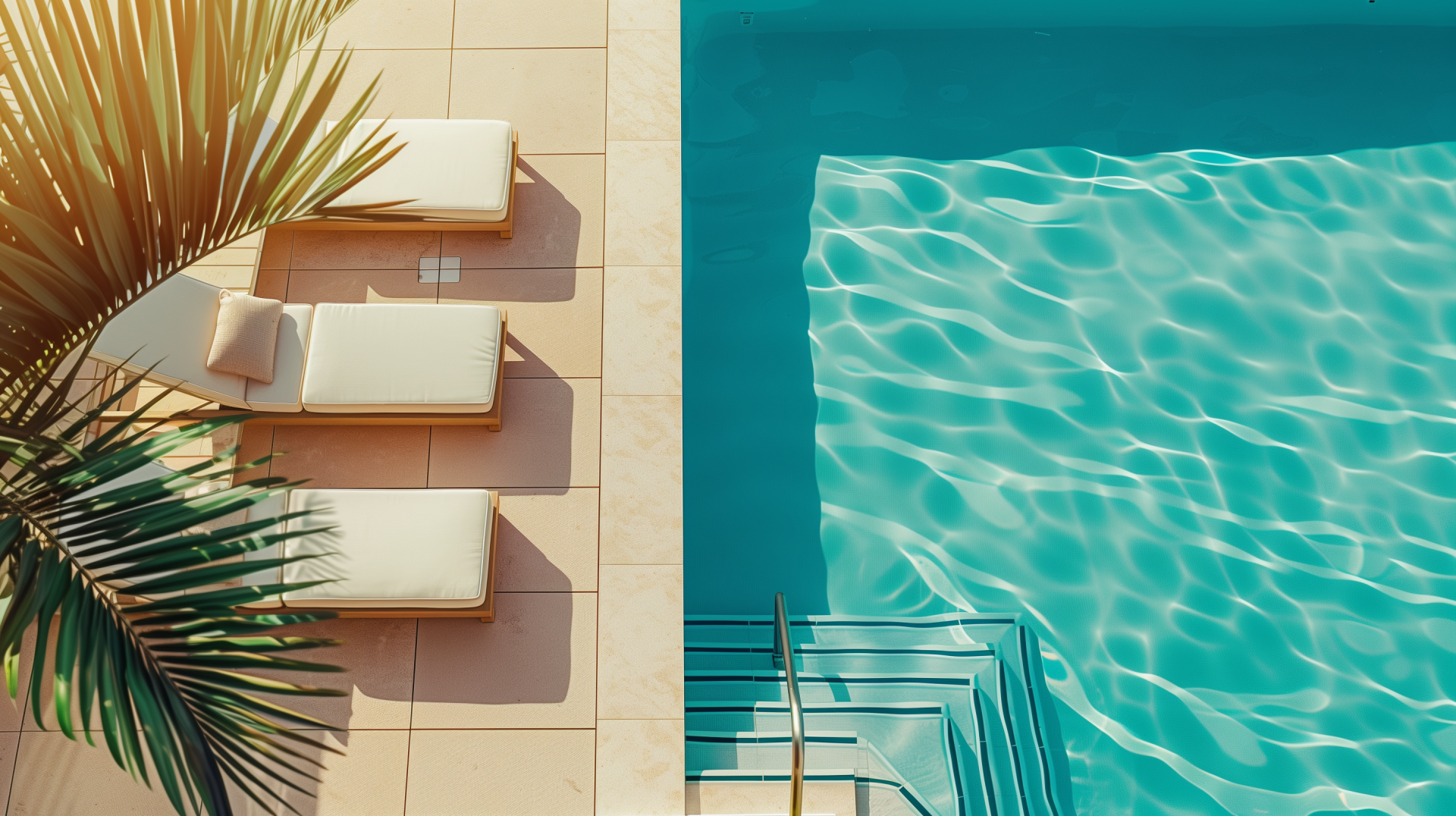 A serene poolside scene featuring lounge chairs and shimmering water, captured in high definition, creating a refreshing and relaxing atmosphere for your desktop background.
