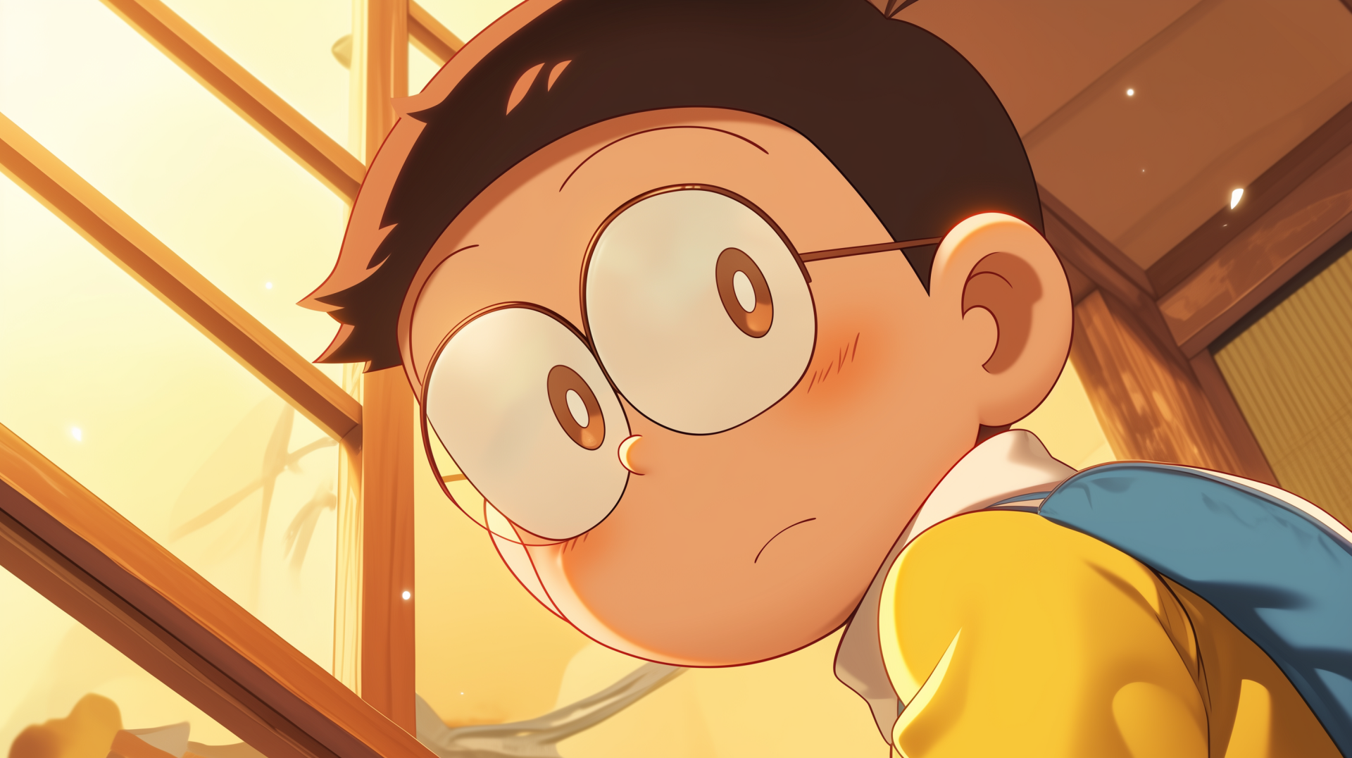 HD desktop wallpaper featuring characters from the anime Doraemon, showcasing Nobita Nobi in an engaging scene. A vibrant background enhances the charm of the beloved series.
