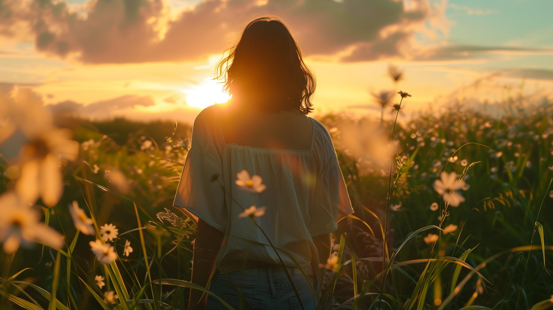 A woman stands in a field of flowers at sunset, embodying summer vibes. This HD desktop wallpaper captures a peaceful, vibrant moment in nature.