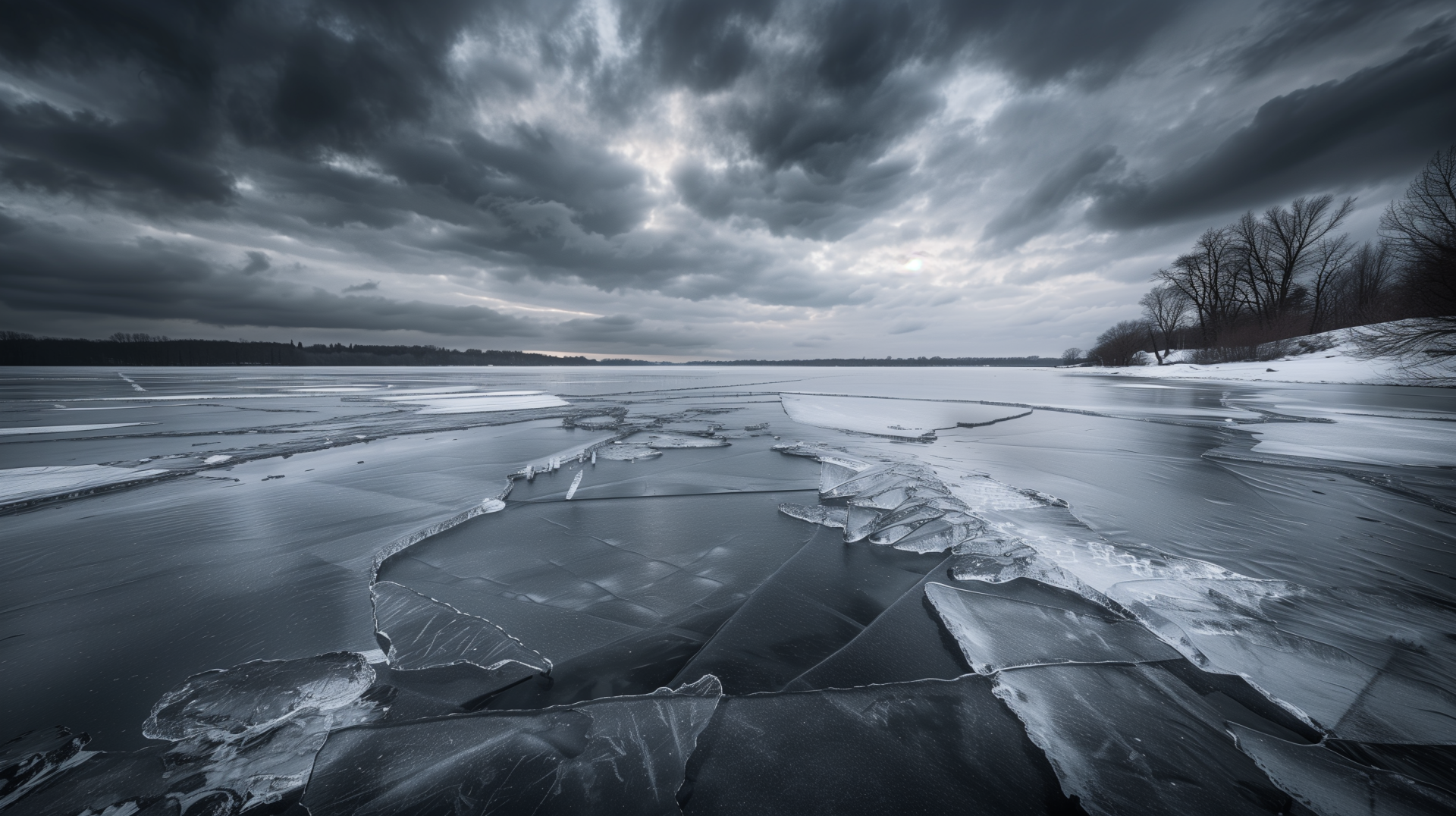 A serene view of a frozen lake, featuring cracked ice under a dramatic, cloud-filled sky. This HD desktop wallpaper captures winter's beauty and tranquility.
