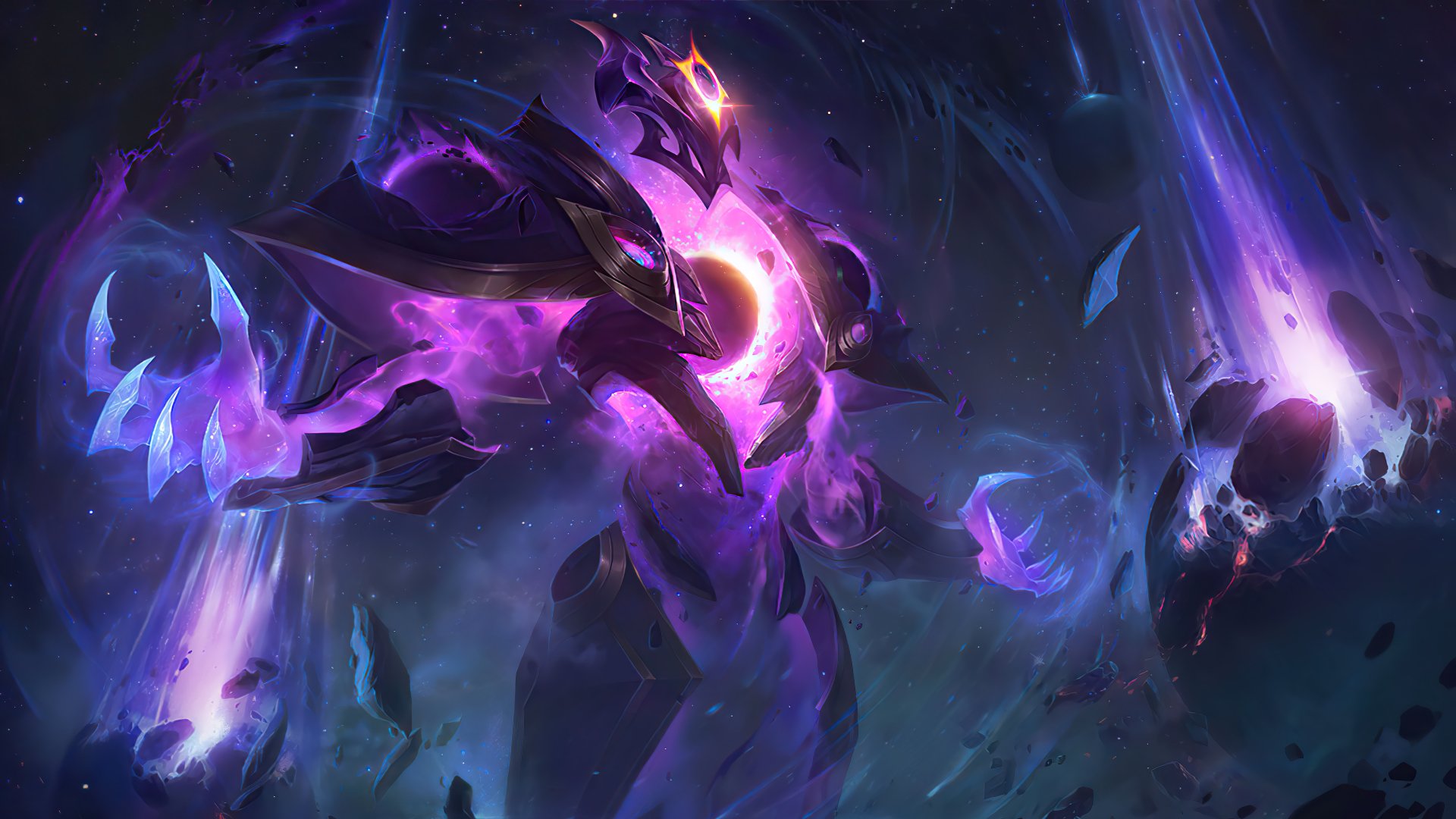 A stunning HD wallpaper featuring Xerath from League of Legends, showcasing his powerful and ethereal form surrounded by cosmic energy and dark shards.