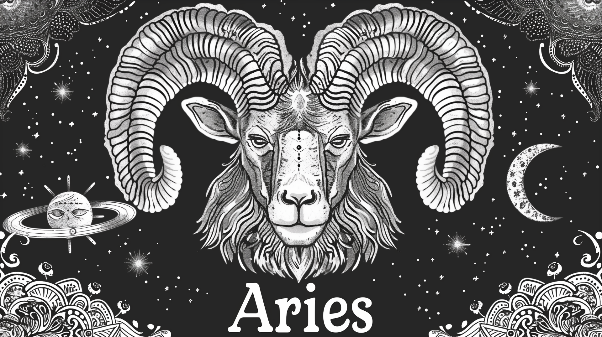 A striking black and white HD wallpaper featuring the Aries zodiac sign, illustrated with a majestic ram surrounded by celestial elements and detailed patterns.